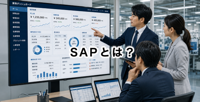 大型モニターのERPダッシュボードを複数の担当者が確認・分析しているシーン｜SAP在庫管理の実践